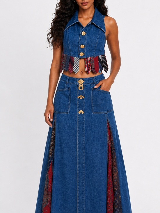 Upcycled Dresses & Skirts - Upcycled urban revivo made Denim Maxi Skirt set with tie detail size XL/14